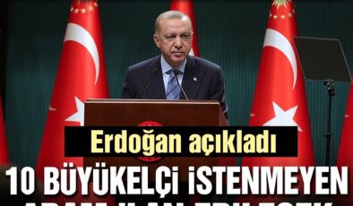 Erdoğan: 10 büyükelçinin istenmeyen adam ilan edilmesi talimatını Cumhurbaşkanı Recep Tayyip Erdoğan, Osman Kavala’nın serbest bırakılması yönünde çağrıda bulunan 10 büyükelçi için şunları söyledi: “Talimatı Dışişleri Bakanımıza verdim, ‘Bu 10 büyükelçinin bir an önce istenmeyen adam ilan edilmesini hemen halledeceksiniz’ dedim.”